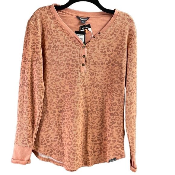 EDDIE BAUER Ladies Thermal Henley Shirt Top Autumn Rose Cheetah Size Large NWT - Picture 3 of 12